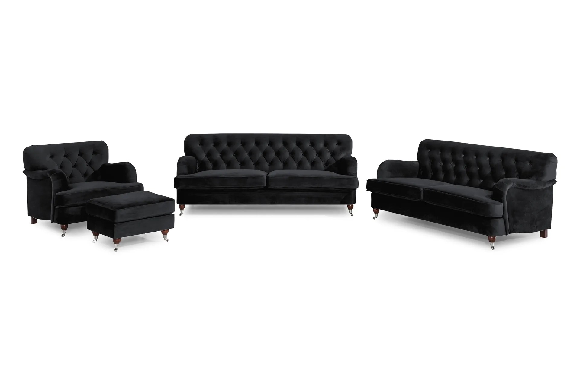 Howard Riviera Soffgrupp 3-sits + 2-sits Soffa + Fåtölj + Fotpall i Sammet – Svart