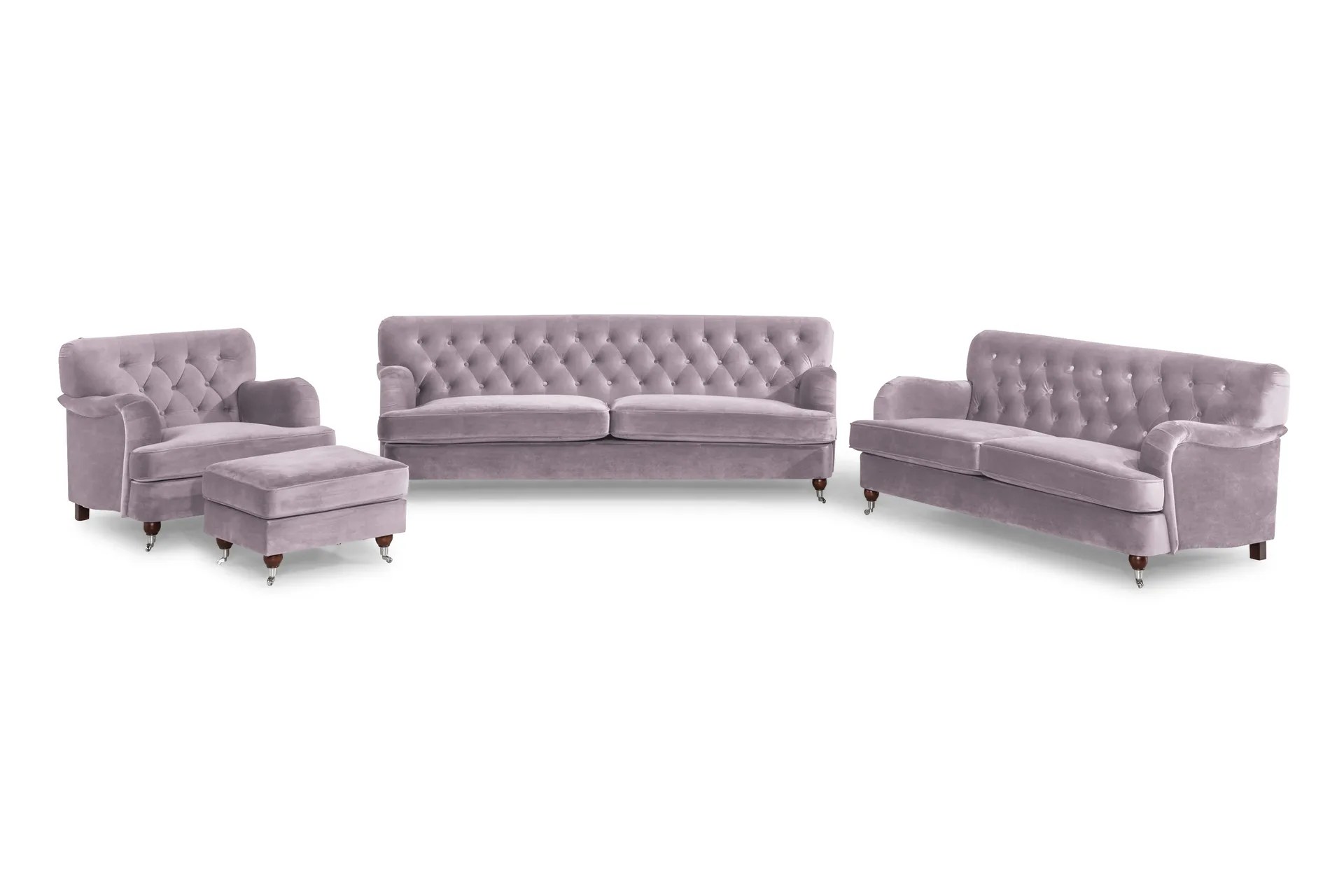 Howard Riviera Soffgrupp Svängd 3-sits + 2-sits Soffa + Fåtölj + Fotpall i Sammet – Lila