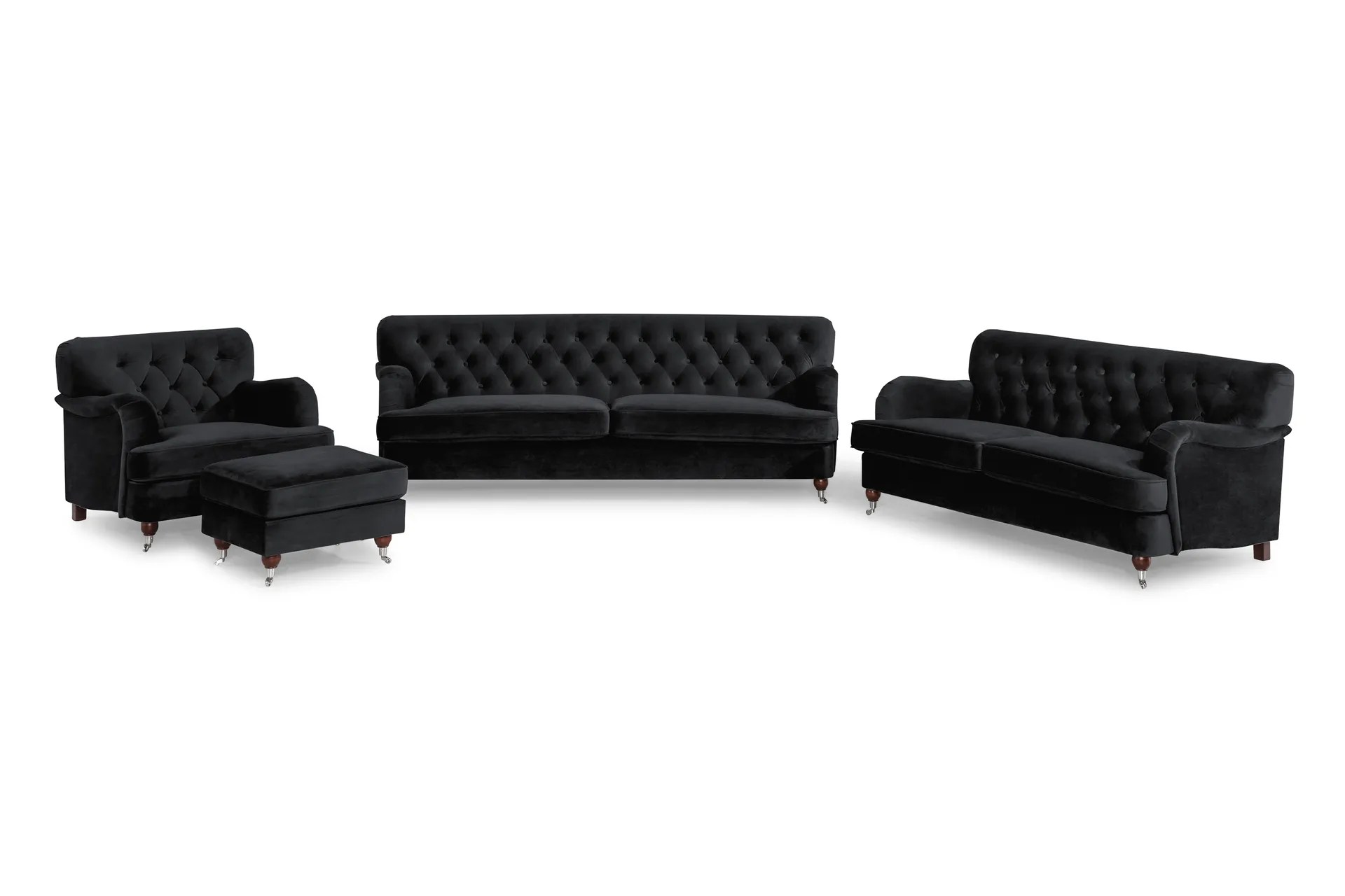 Howard Riviera Soffgrupp Svängd 3-sits + 2-sits Soffa + Fåtölj + Fotpall i Sammet – Svart