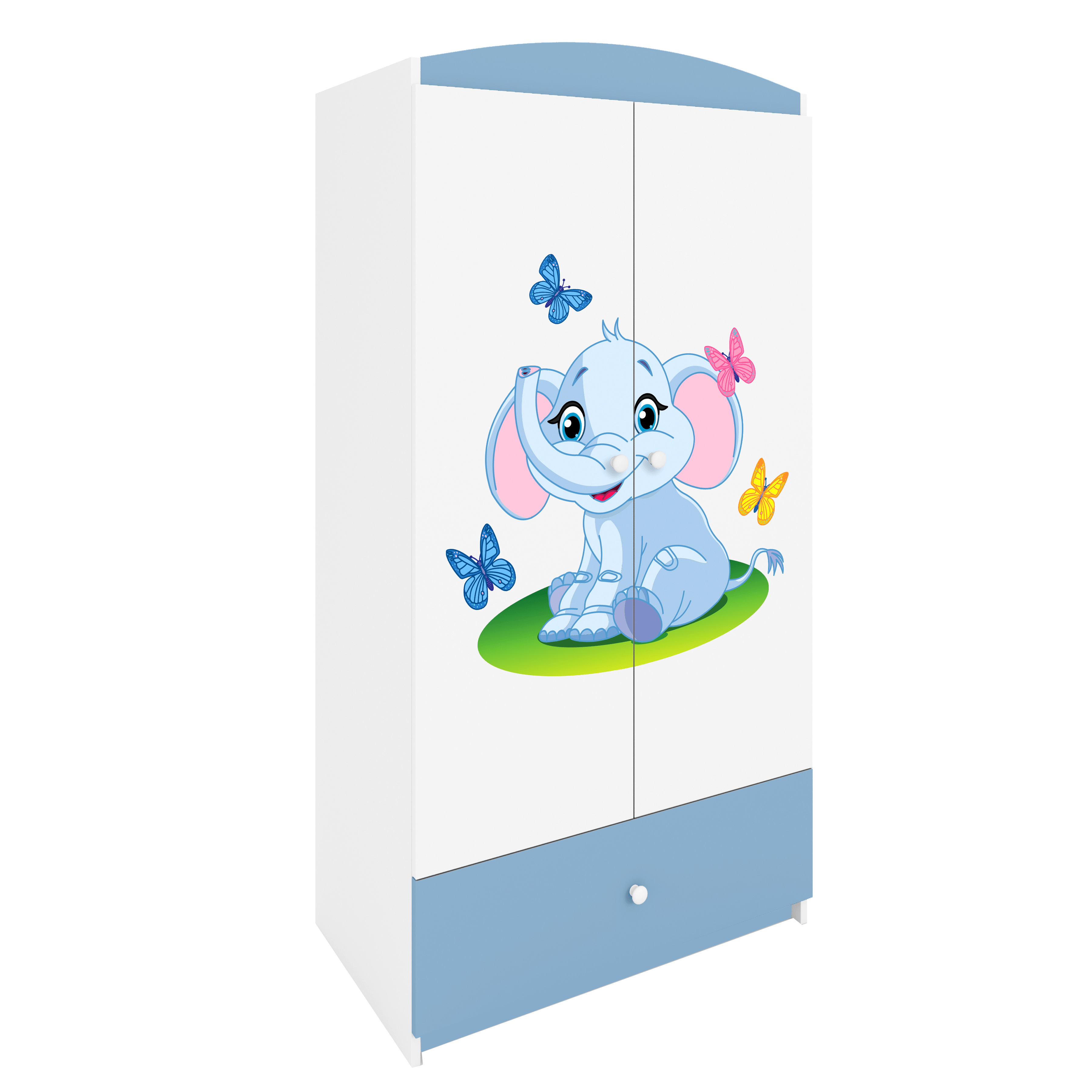 Babydreams garderob för barn med elefant, med 2 dörrar, 1 låda – vit och blå laminat