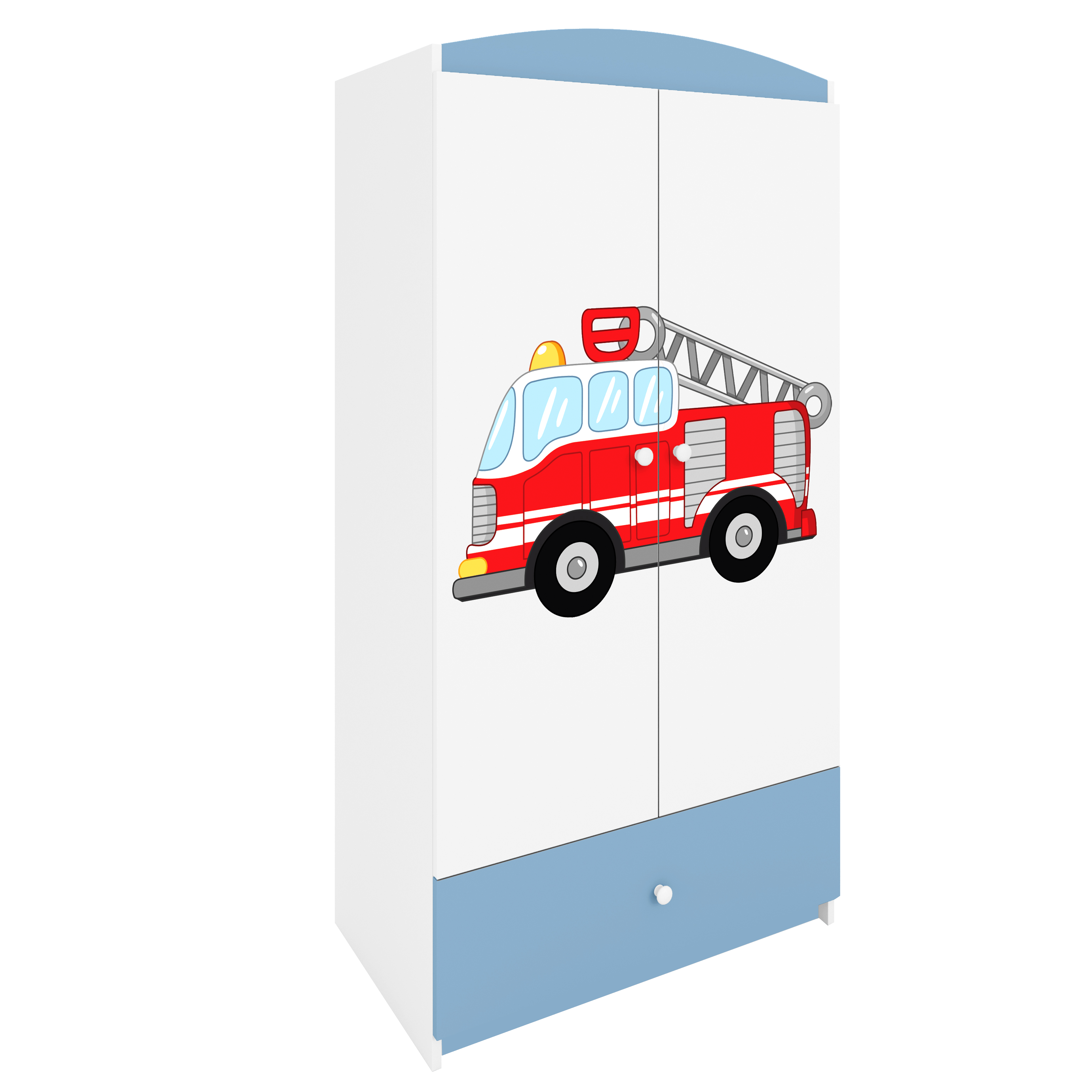 Babydreams garderob för barn med brandbil, med 2 dörrar, 1 låda – vit och blå laminat