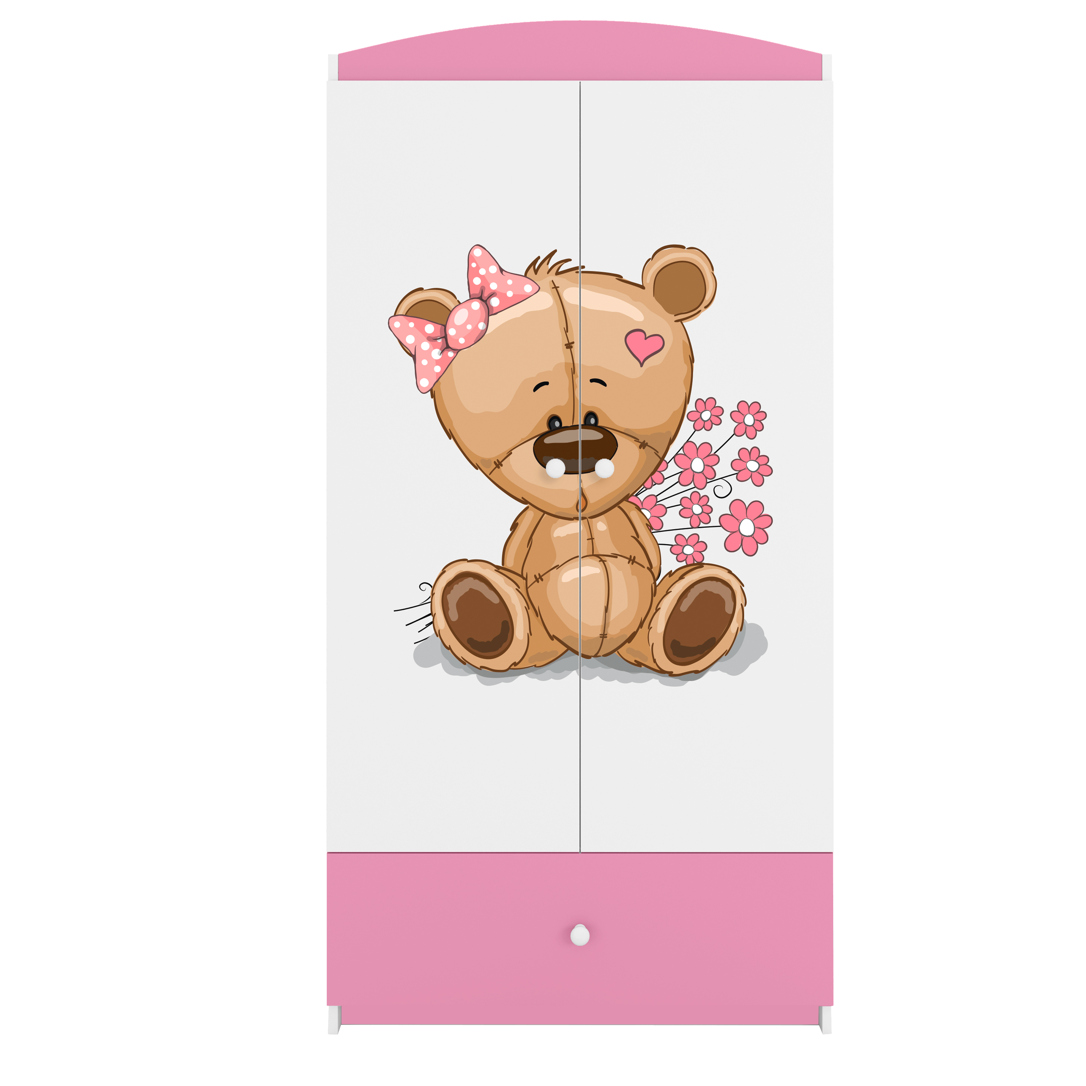 Babydreams garderob för barn med nallebjörn och blommor, med 2 dörrar, 1 låda – vit/rosa laminat