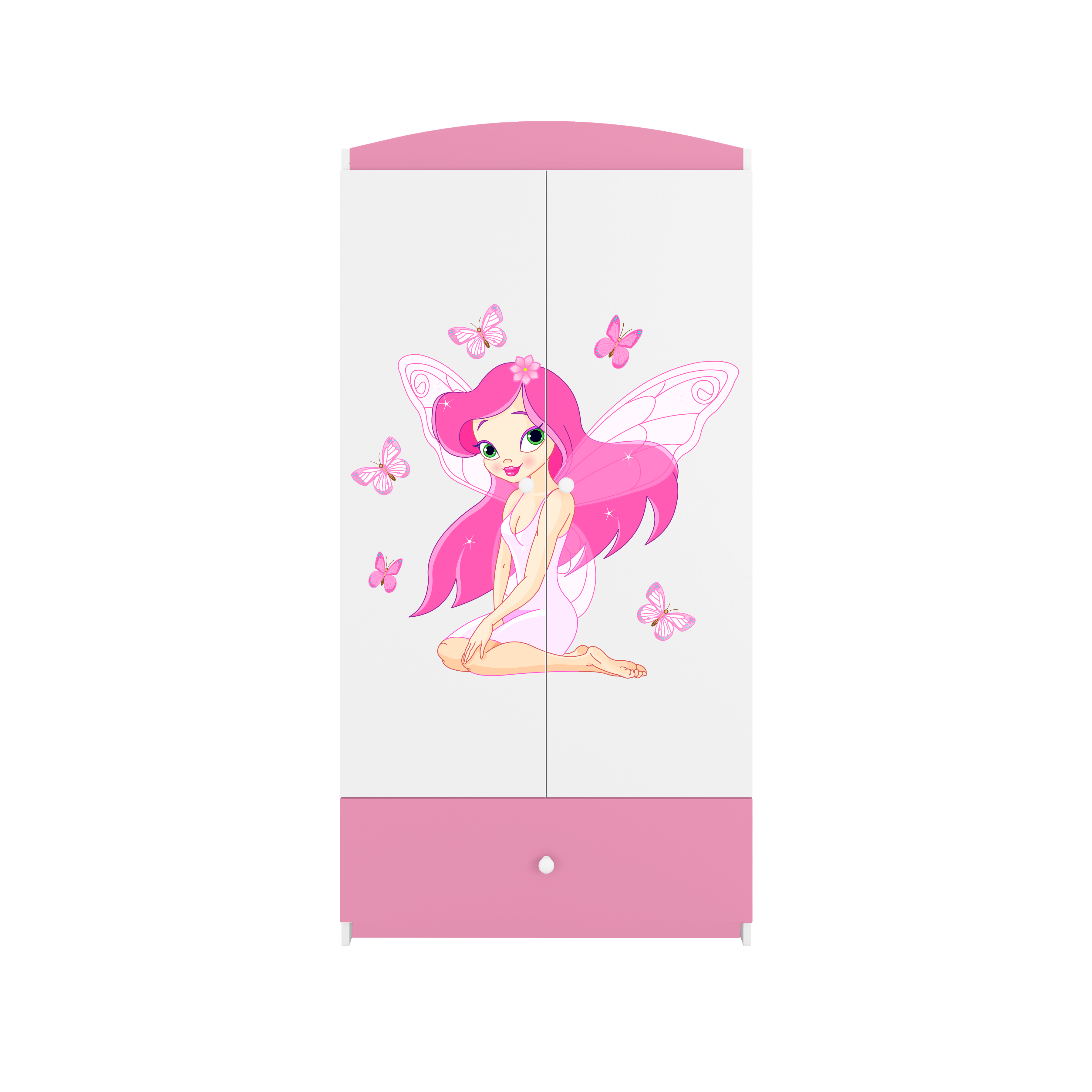 Babydreams garderob för barn med fe och fjärilar, med 2 dörrar, 1 låda – vit/rosa laminat