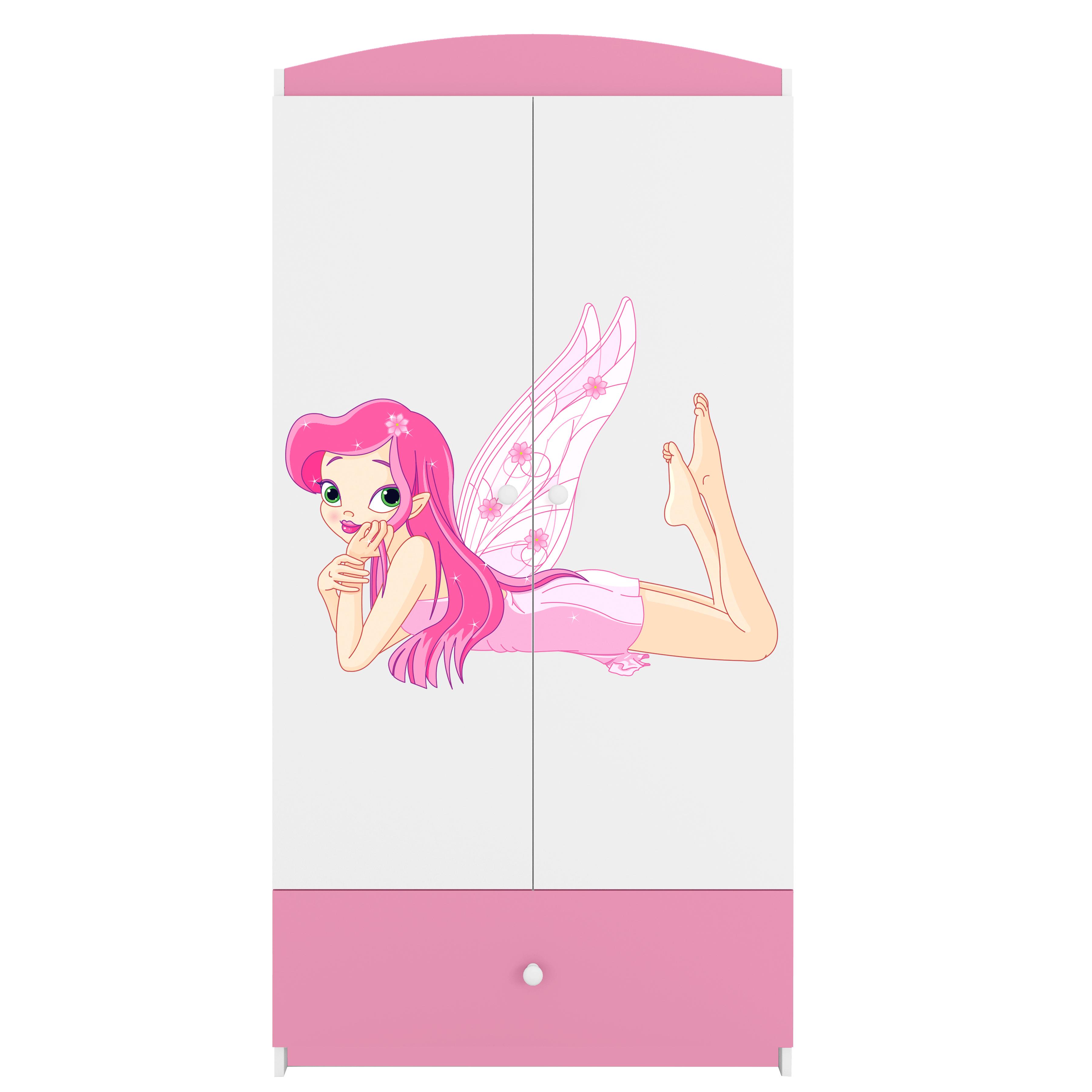 Babydreams garderob för barn med fe med vingar, med 2 dörrar, 1 låda – vit och rosa laminat