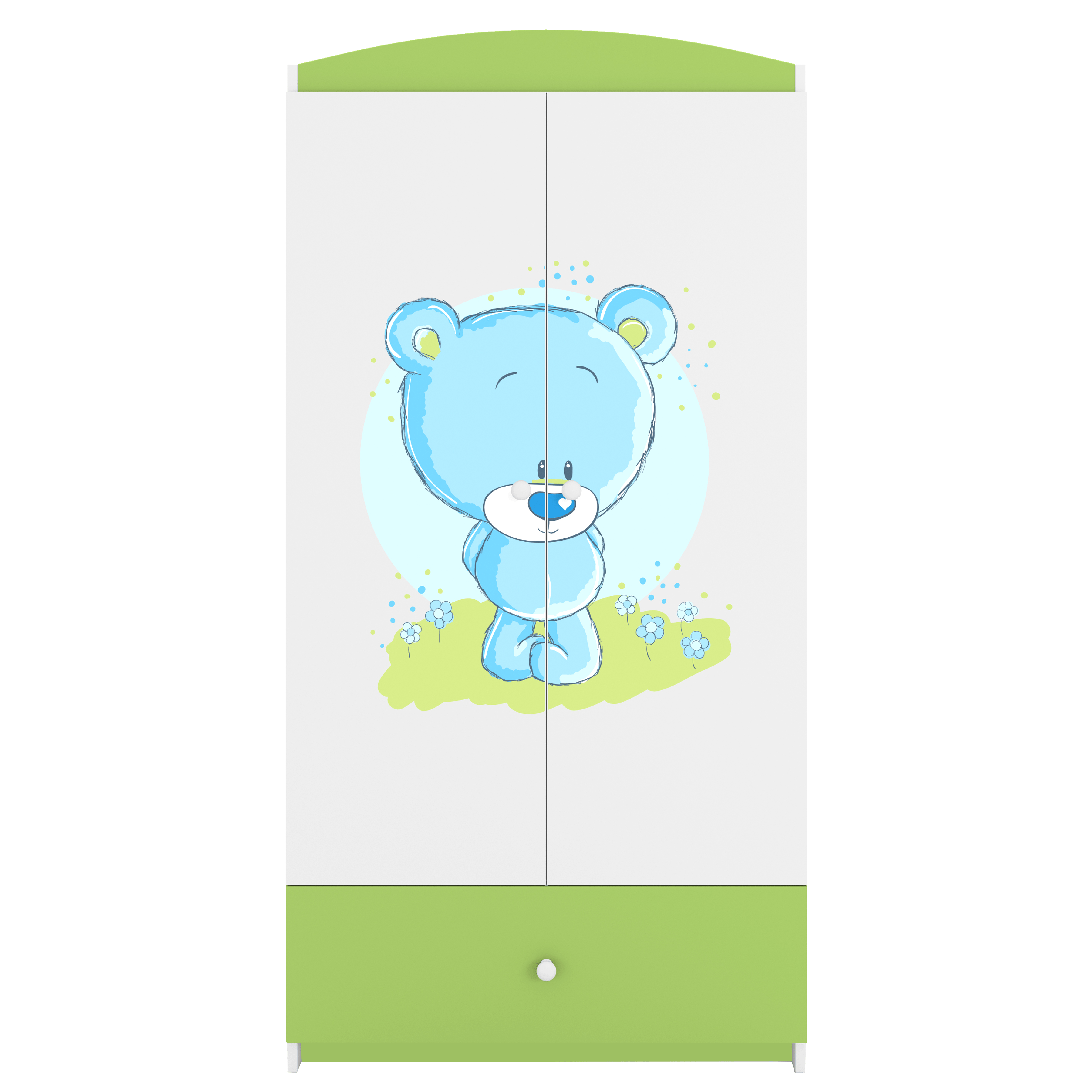 Babydreams garderob för barn med blå nallebjörn, med 2 dörrar, 1 låda – vit och grön laminat