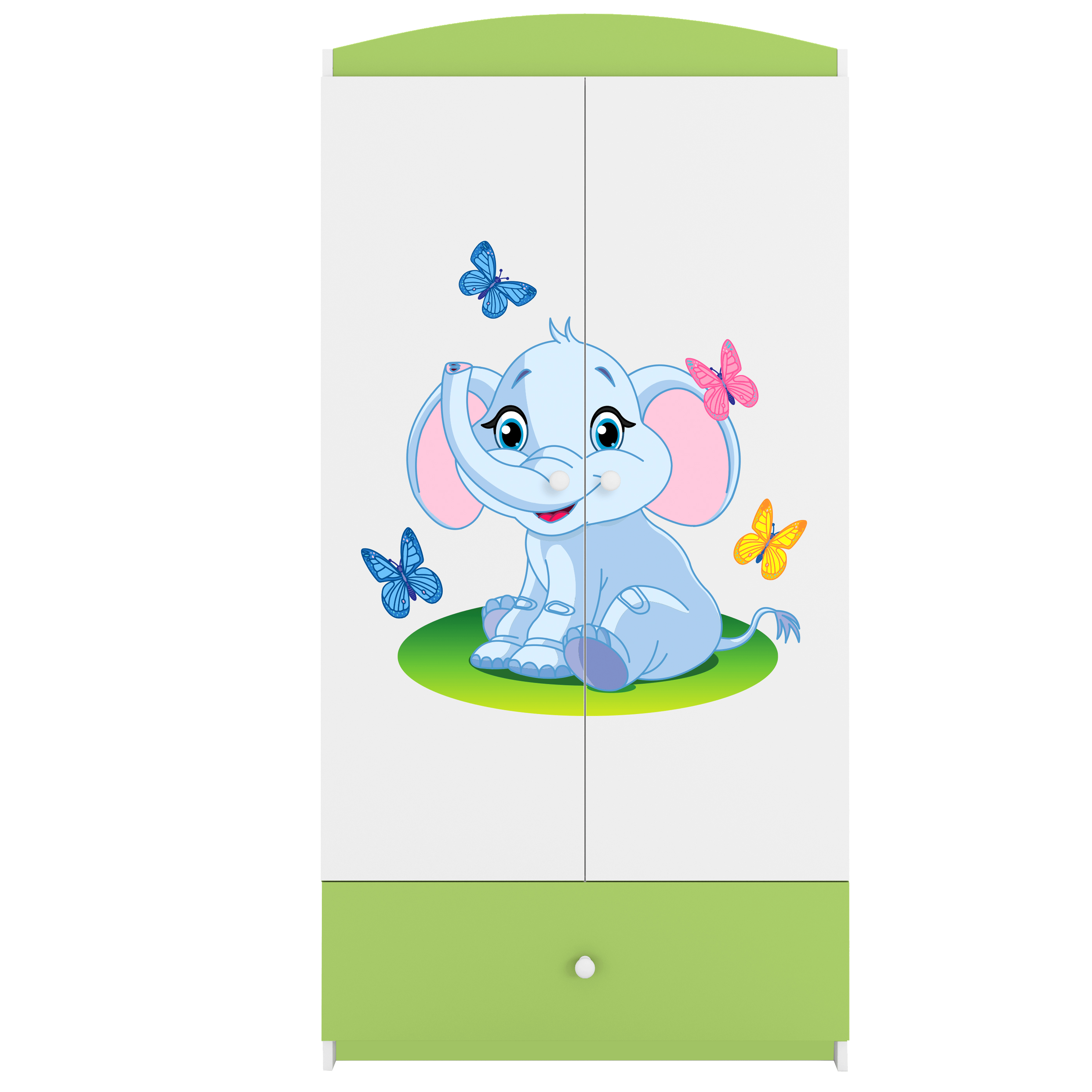 Babydreams garderob för barn med elefant, med 2 dörrar, 1 låda – vit och grön laminat
