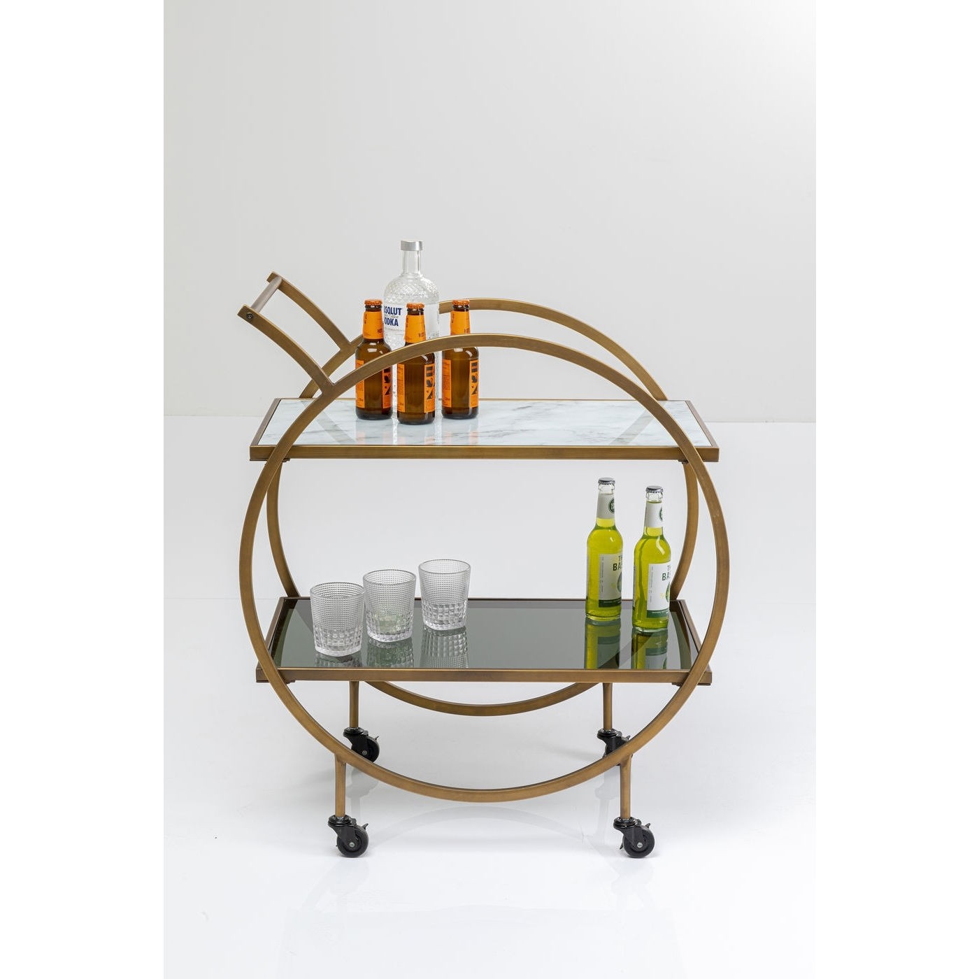 KARE DESIGN Loft Rullbord – Mässingsstål / Ljusgrå Laminat / Färgat Glas, Handgjord, med Hjul och Hylla