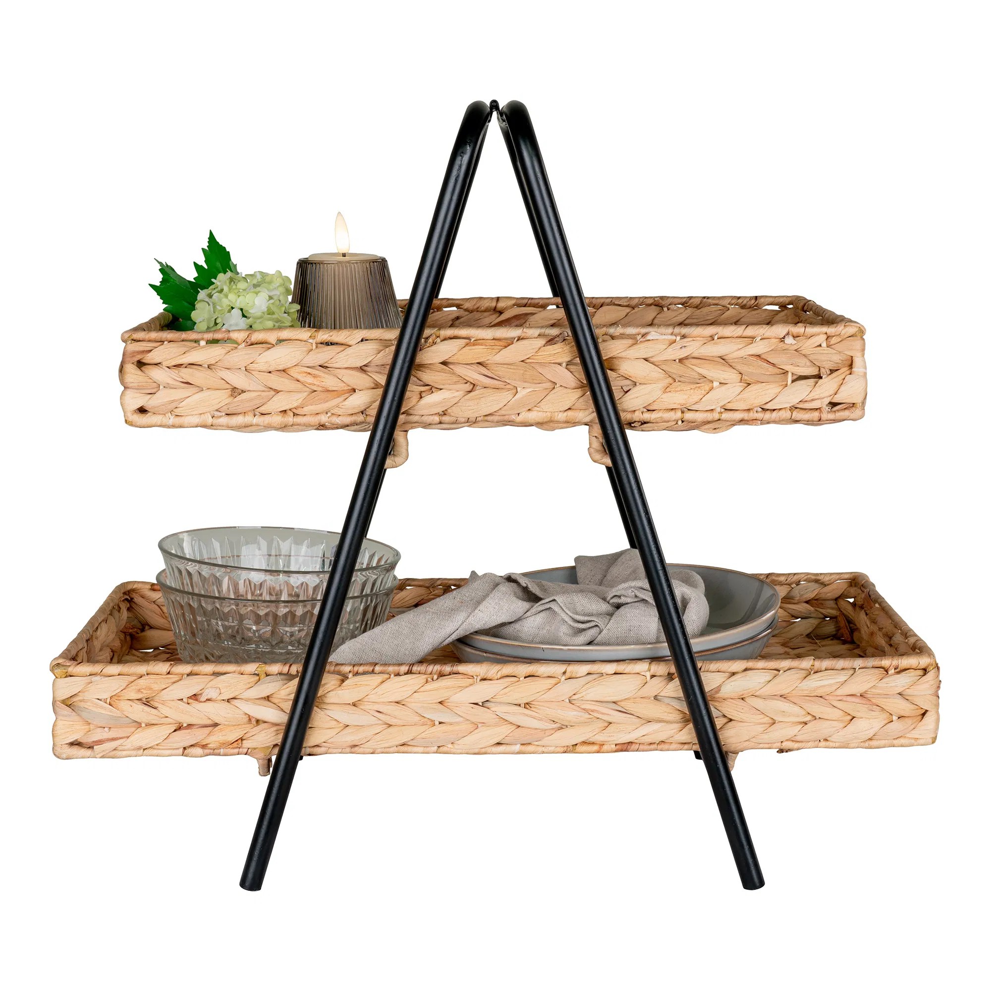 Bricka i vattenhyacint och metall, natur/svart, 42x23x43,5 cm