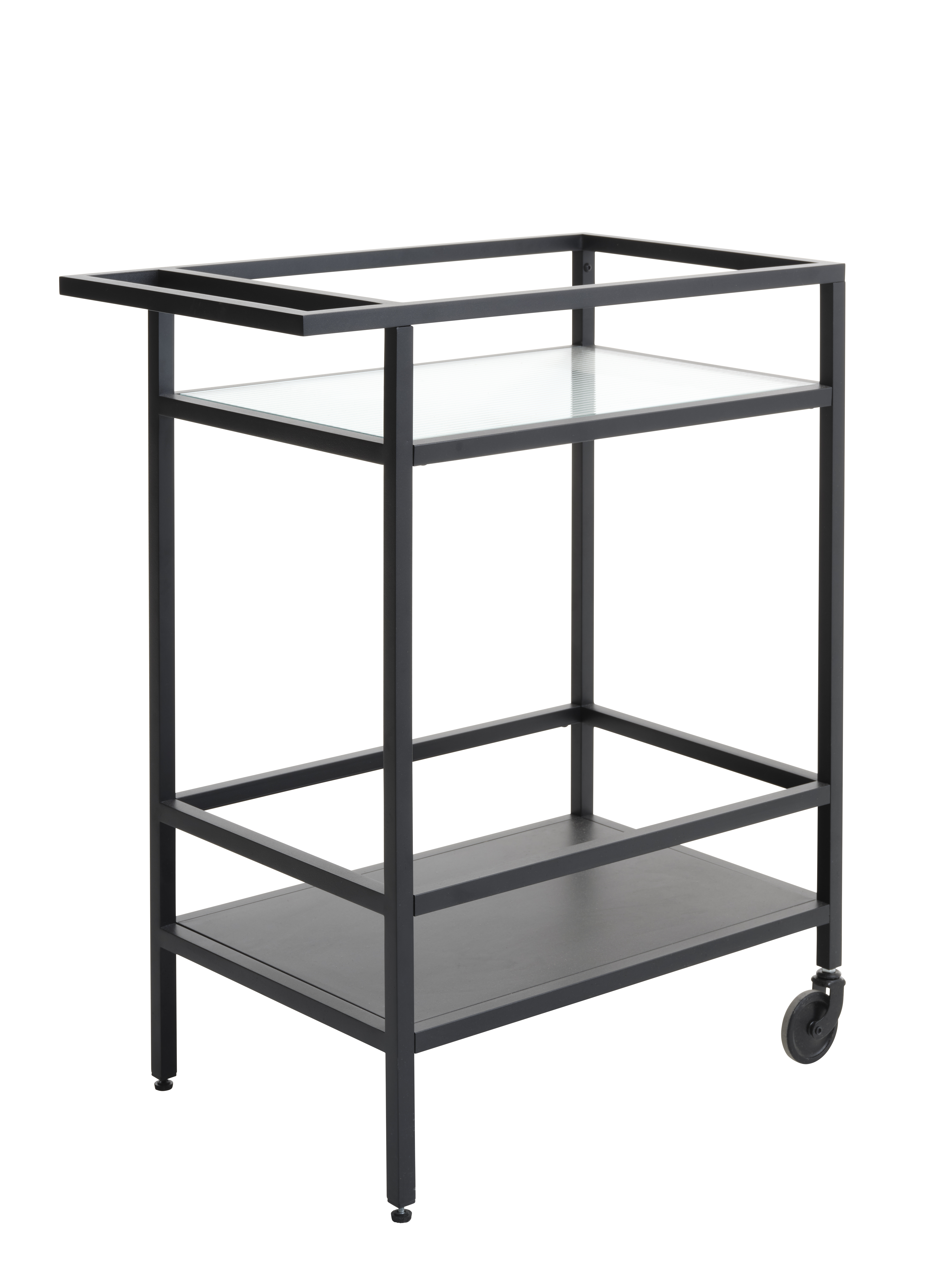 Bronco rullbord, m. 1 hylla – räfflat glas och svart metall (70×42)