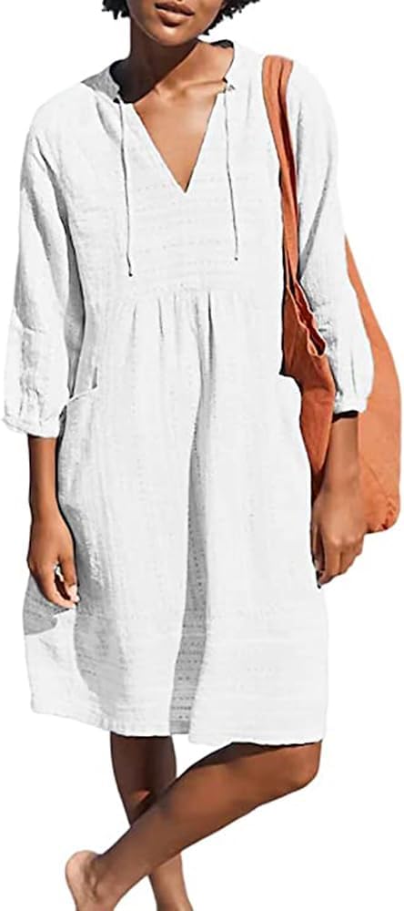 Lafural Womens V Neck Cotton Casual Loose Shift Tu… Lafural Womens V Neck Cotton Casual Loose Shift Tu…