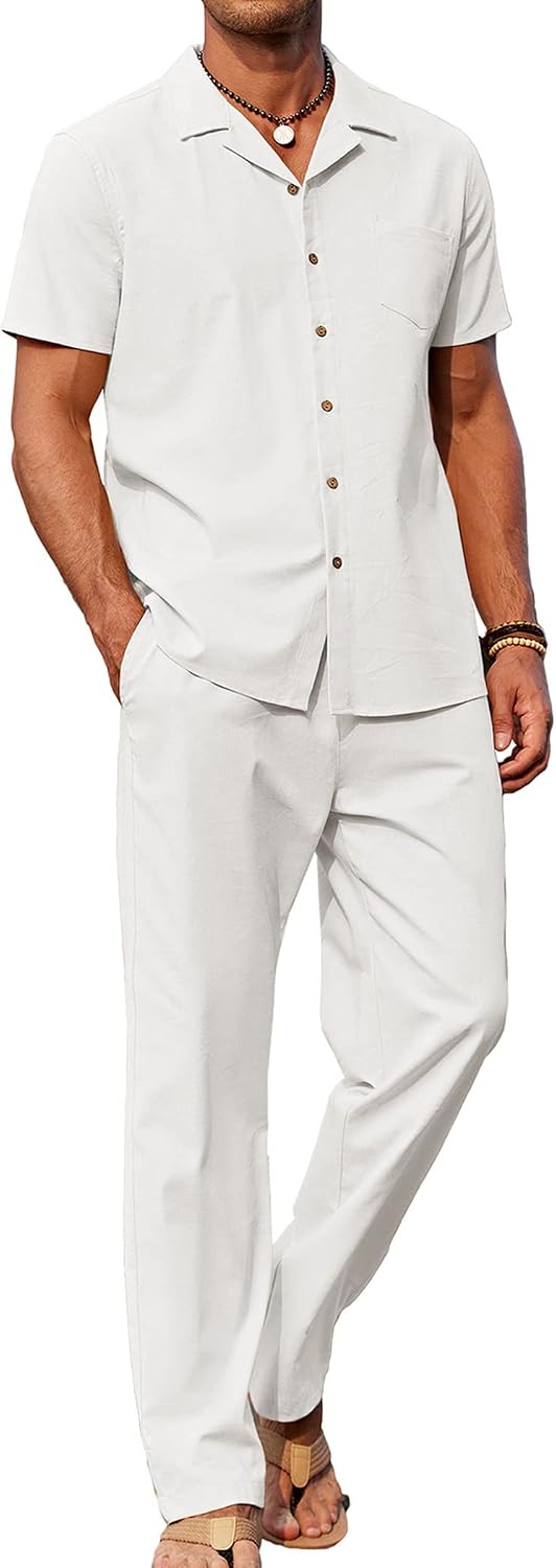 COOFANDY Men 2 Piece Linen Outfit Beach Button Dow… COOFANDY Men 2 Piece Linen Outfit Beach Button Dow…