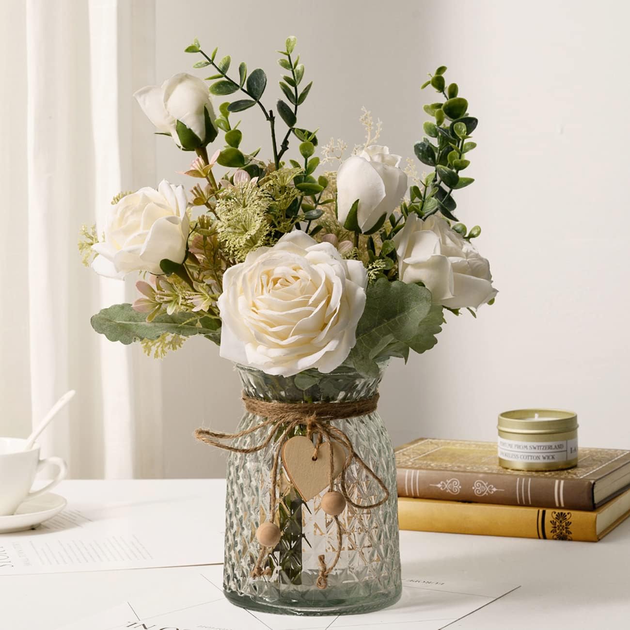 YJ Fake Flowers with Vase, Silk Roses Artificial F… YJ Fake Flowers with Vase, Silk Roses Artificial F…