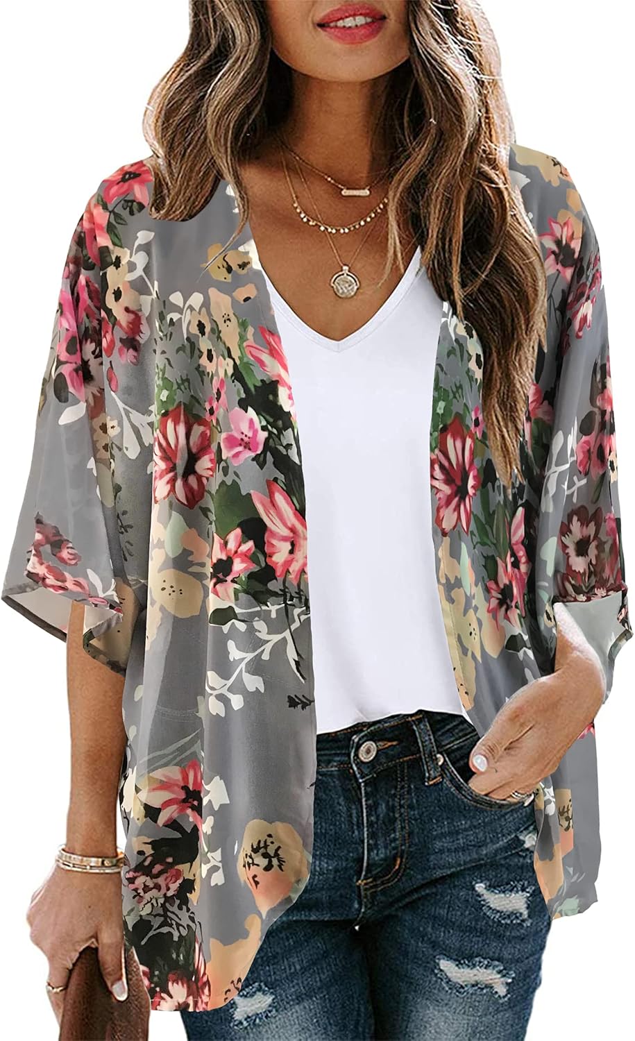 Women’s Floral Print Puff Sleeve Kimono Cardigan L… Women’s Floral Print Puff Sleeve Kimono Cardigan L…