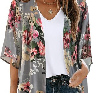 Women’s Floral Print Puff Sleeve Kimono Cardigan L… Women’s Floral Print Puff Sleeve Kimono Cardigan L…
