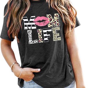 Women Mom Life T-Shirts Leopard Lips Stripe Graphi… Women Mom Life T-Shirts Leopard Lips Stripe Graphi…