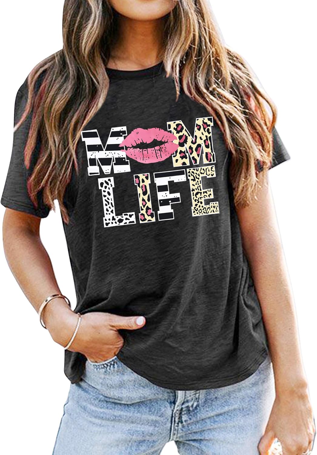 Women Mom Life T-Shirts Leopard Lips Stripe Graphi… Women Mom Life T-Shirts Leopard Lips Stripe Graphi…