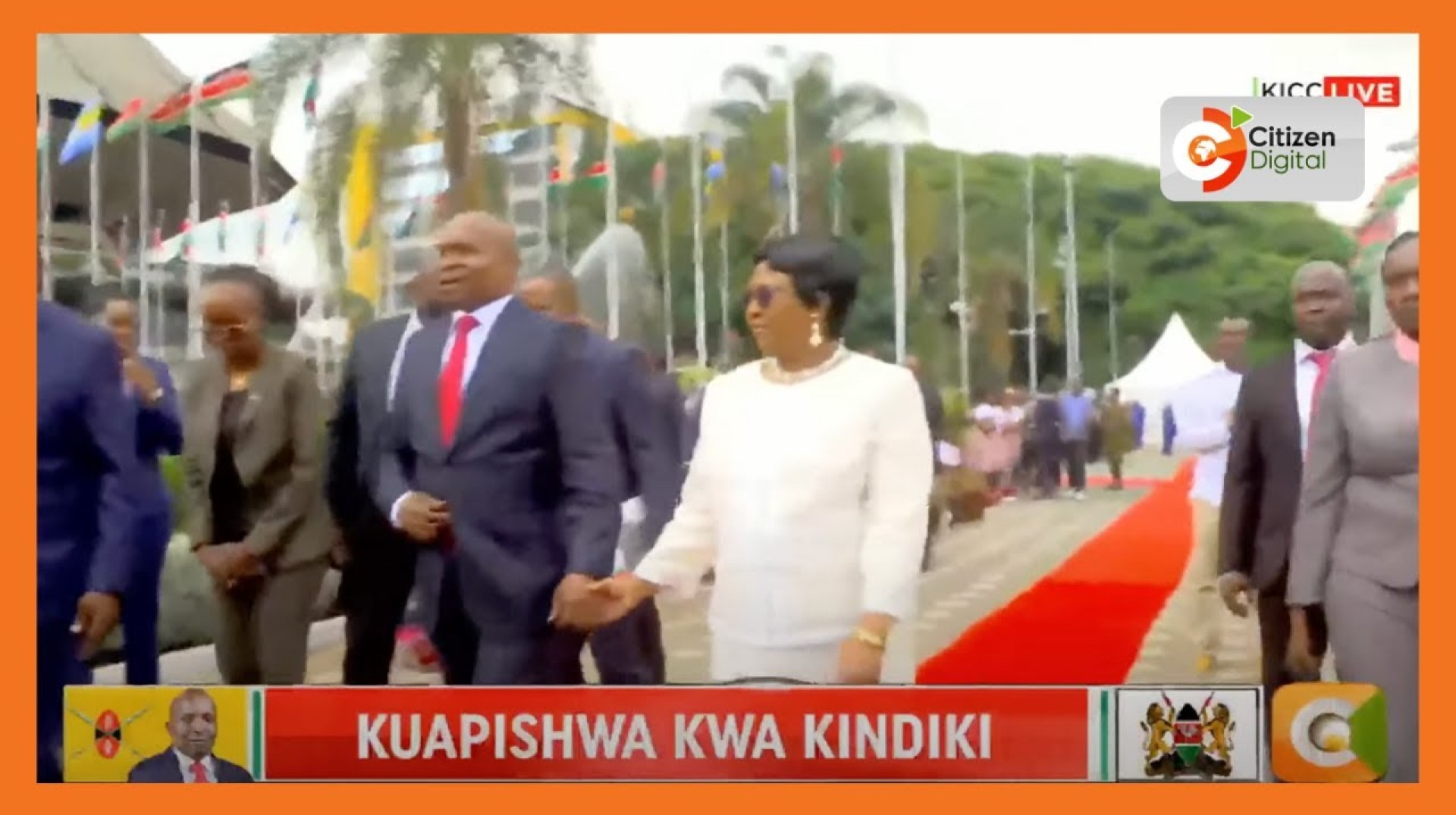 DP designate Kithure Kindiki and his Joyce Kithure walk into stage for swearing-in DP designate Kithure Kindiki and his Joyce Kithure walk into stage for swearing-in