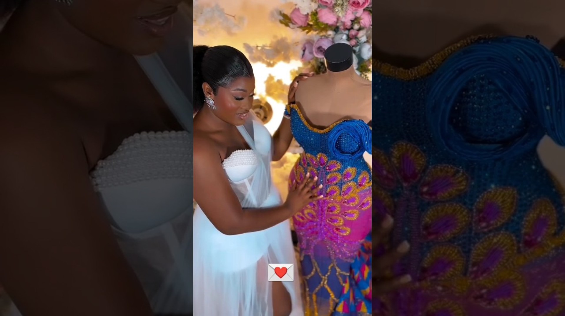 The beautiful bride smiled radiantly as she admired her Kente dress. #kentefashion #kentestyles The beautiful bride smiled radiantly as she admired her Kente dress. #kentefashion #kentestyles