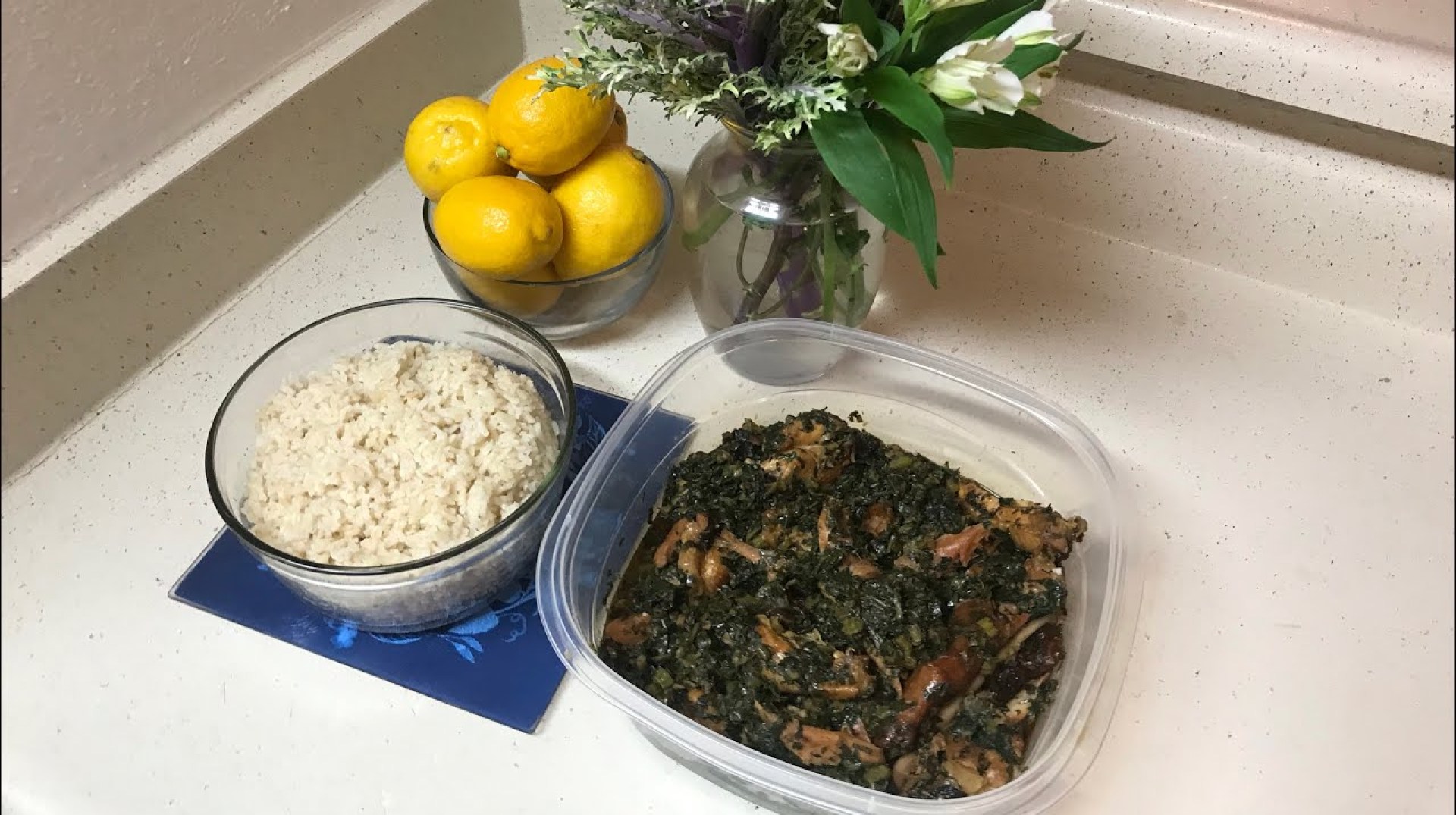 Tasty Liberian style collard greens and brown rice for dinner. Tasty Liberian style collard greens and brown rice for dinner.