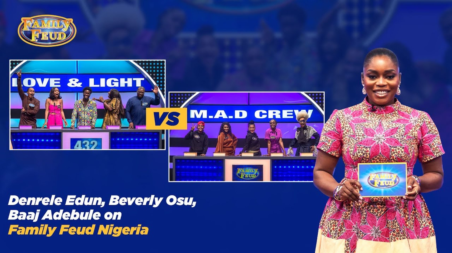 Denrele Edu, Beverly Osu, Baaj Adebule on Family Feud Nigeria (Full Episodes) Denrele Edu, Beverly Osu, Baaj Adebule on Family Feud Nigeria (Full Episodes)