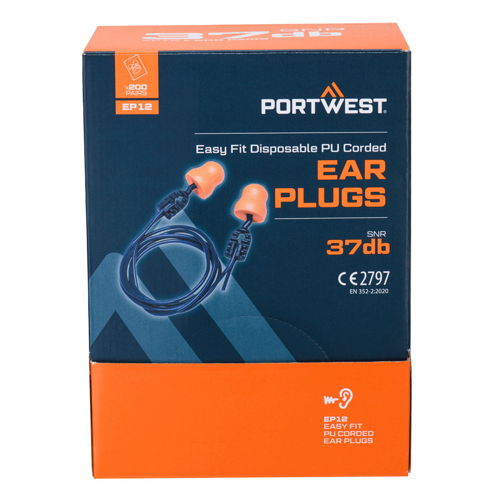 EP12 Easy Fit PU Ear Plugs Corded (200 Pairs) Orange