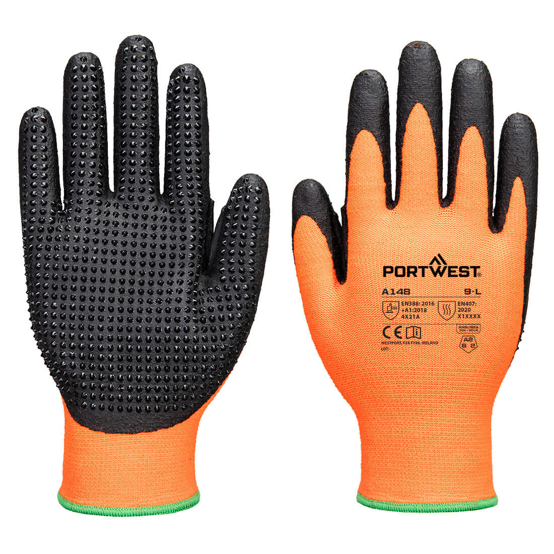 A148 Grip 13 Nitrile High Dotted Glove Orange/Black A148 Grip 13 Nitrile High Dotted Glove Orange/Black