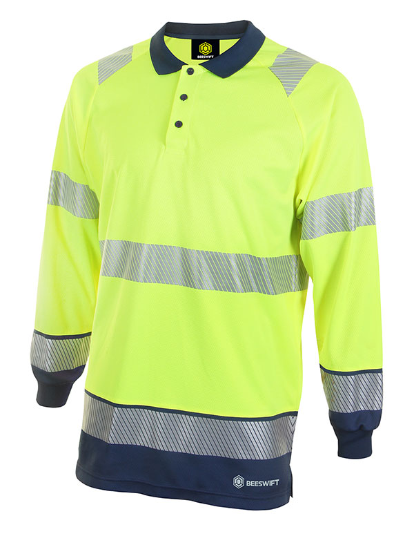 Beeswift Deltic Hi-Vis Two Tone Long Sleeve Polo Shirt Saturn Yellow / Navy