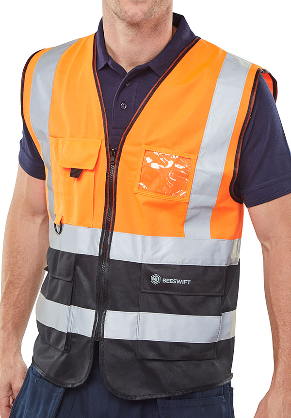 Beeswift Hi-Vis Two Tone Executive Id Vest Orange / Black Beeswift Hi-Vis Two Tone Executive Id Vest Orange / Black