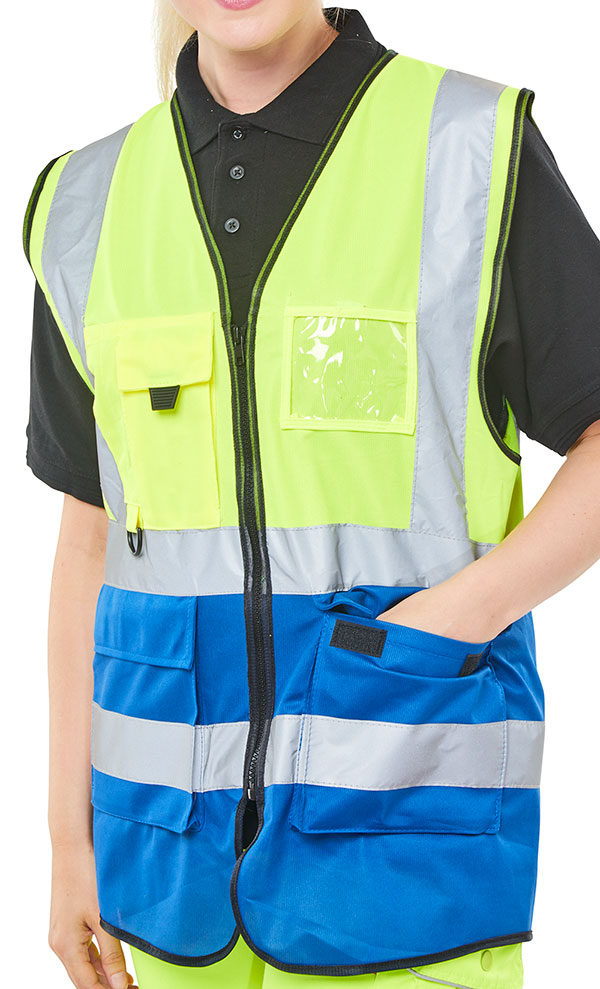 Beeswift Hi-Vis Two Tone Executive Id Vest Saturn Yellow / Royal Beeswift Hi-Vis Two Tone Executive Id Vest Saturn Yellow / Royal