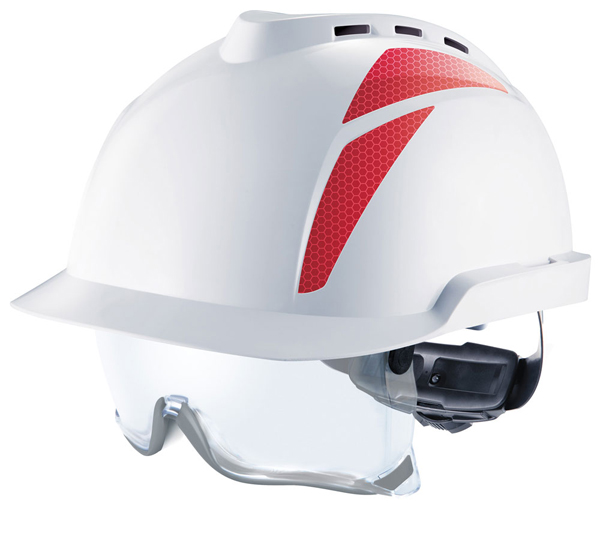 Msa V-Gard 930 Vented Safety Helmet With Integrated Eye Protection White/Red Msa V-Gard 930 Vented Safety Helmet With Integrated Eye Protection White/Red