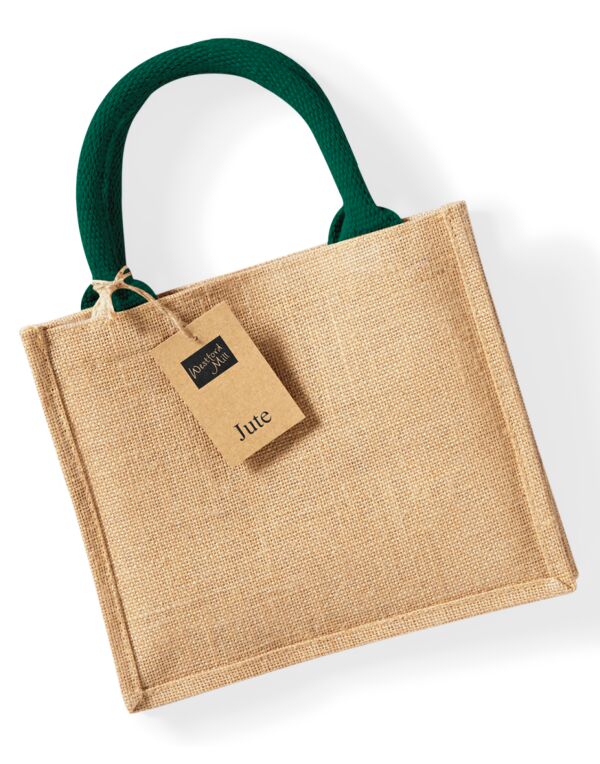 W412 Westford Mill Jute Mini Gift Bag Natural/Forest Green W412 Westford Mill Jute Mini Gift Bag Natural/Forest Green