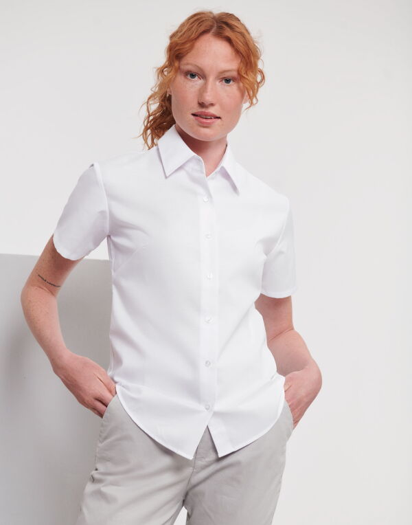 933F White Ladies’ Short Sleeve Tailored Oxford Shirt
