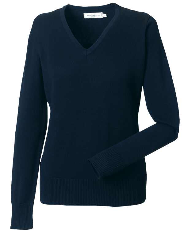 710F Russell Collection Ladies’ V-Neck Knitted Pullover French Navy