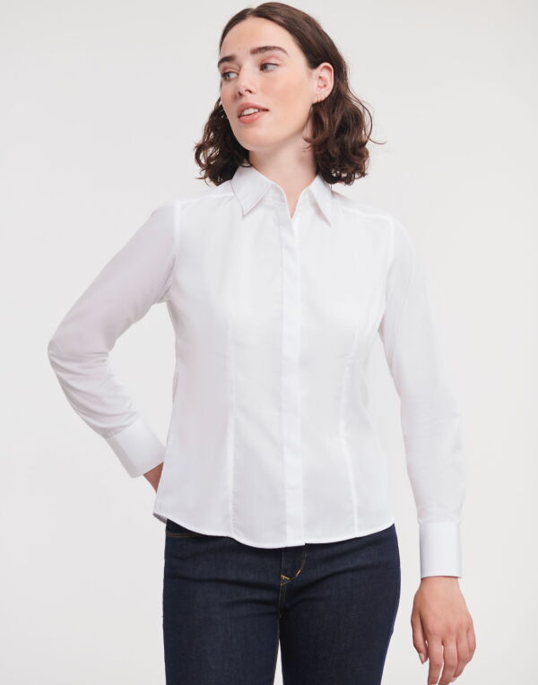 924F Russell Collection Ladies’ L/Sleeve Polycotton Shirt White