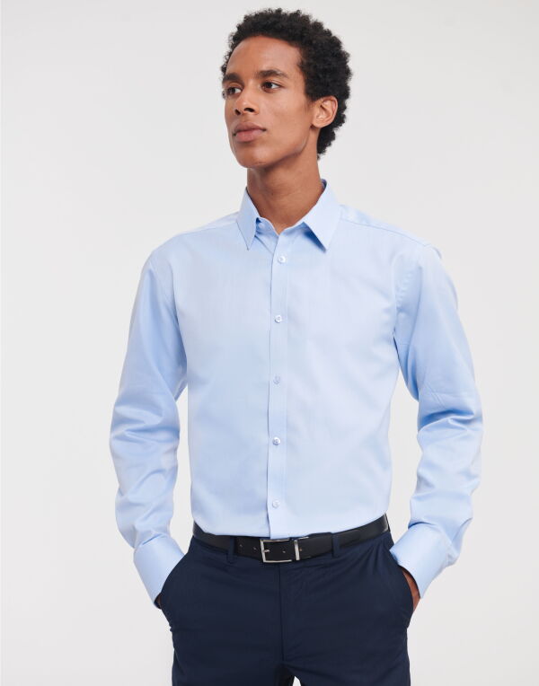 962M Russell Collection Men’s L/Sleeve Herringbone Shirt Light Blue