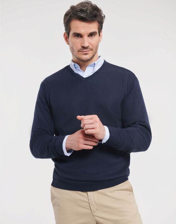710M Russell Collection Men’s V-Neck Knitted Pullover French Navy