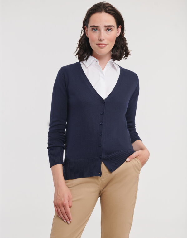 715F Russell Collection Ladies’ V-Neck Knitted Cardigan French Navy