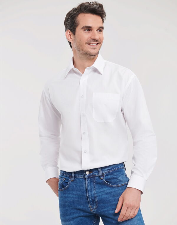 934M Russell Collection Men’s L/Sleeve Polycotton Shirt White