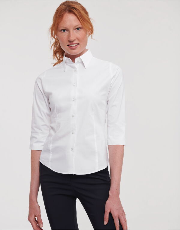 946F Russell Collection Ladies’ 3/4 Sleeve Fitted Stretch Shirt White