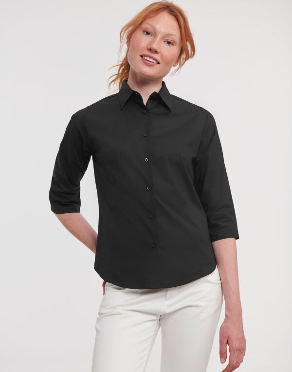 946F Russell Collection Ladies’ 3/4 Sleeve Fitted Stretch Shirt Black