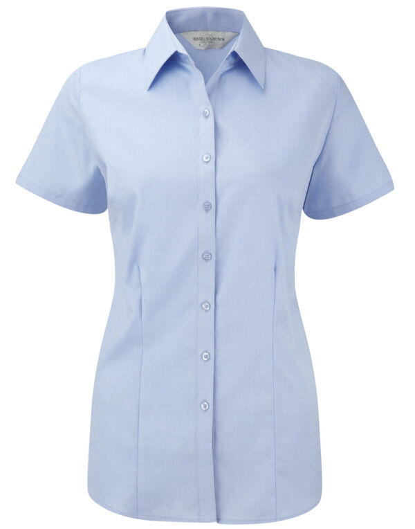 963F Russell Collection Ladies’ S/Sleeve Herringbone Shirt Light Blue