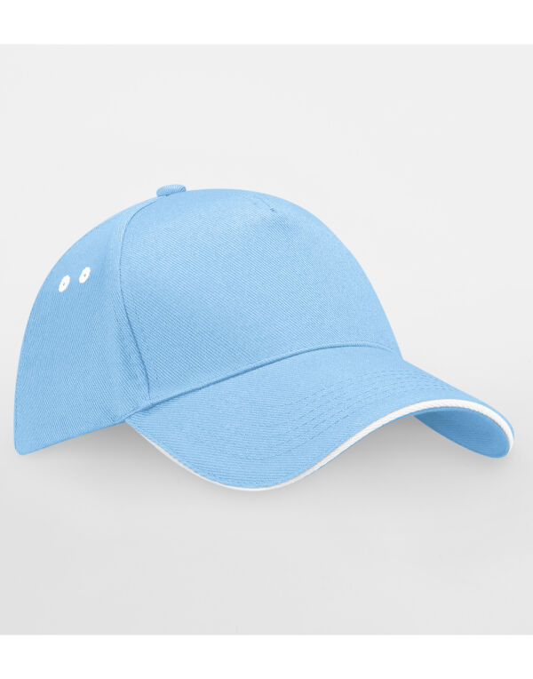 B15C Beechfield Ultimate 5 Panel Cap Sandwich Peak Sky/White