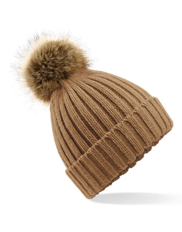 B412 Beechfield Faux Fur Pom Pom Chunky Beanie Biscuit B412 Beechfield Faux Fur Pom Pom Chunky Beanie Biscuit