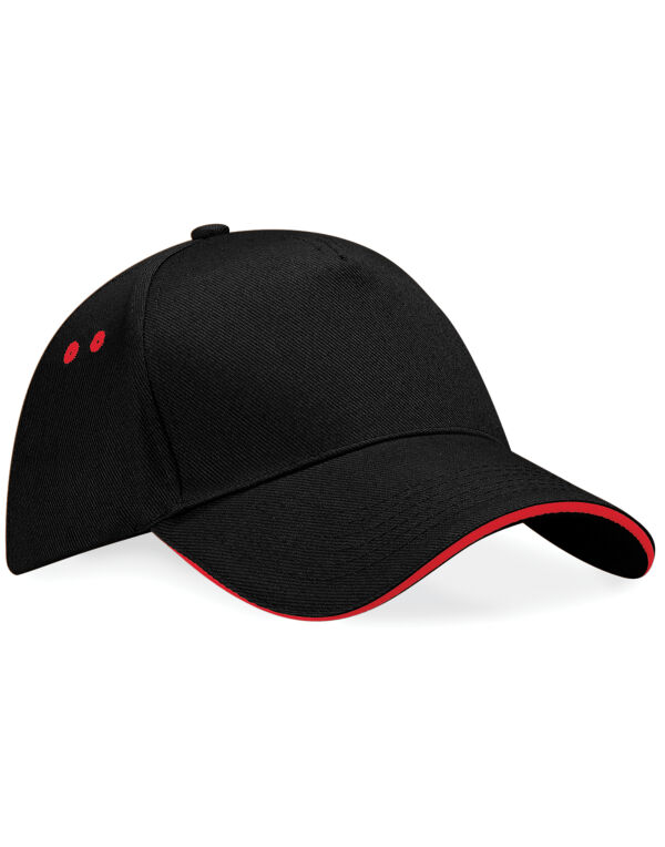 B15C Beechfield Ultimate 5 Panel Cap Sandwich Peak Black/Classic Red