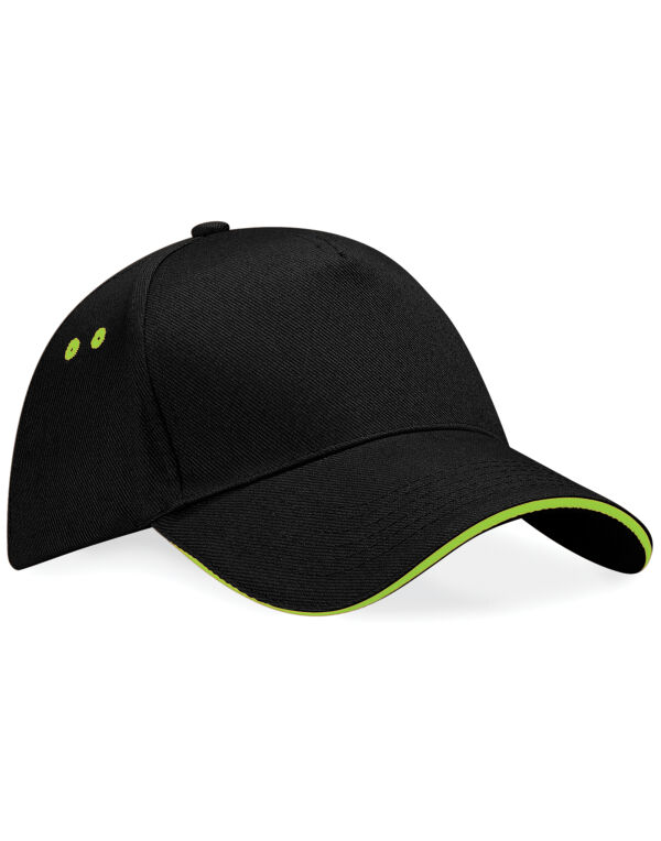 B15C Beechfield Ultimate 5 Panel Cap Sandwich Peak Black/Lime Green