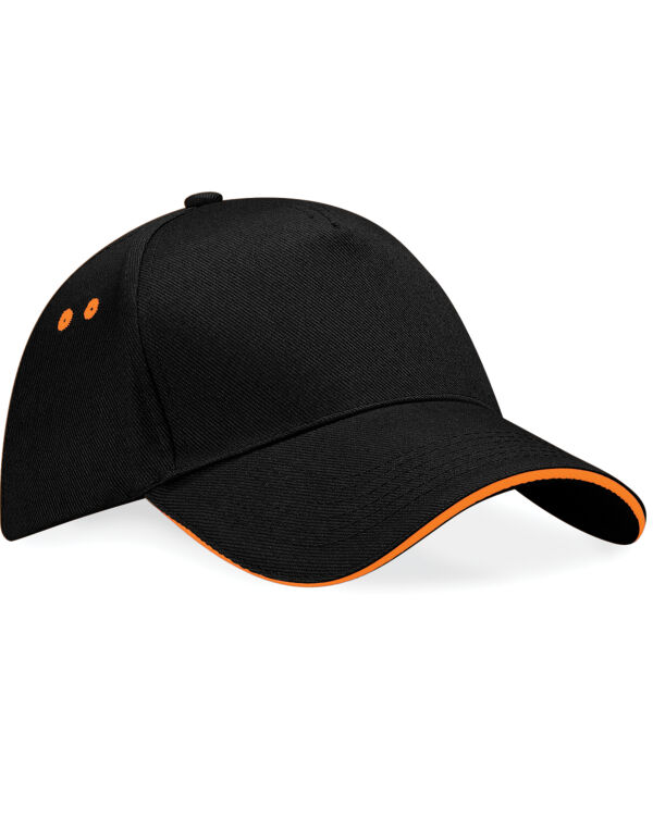 B15C Beechfield Ultimate 5 Panel Cap Sandwich Peak Black/Orange