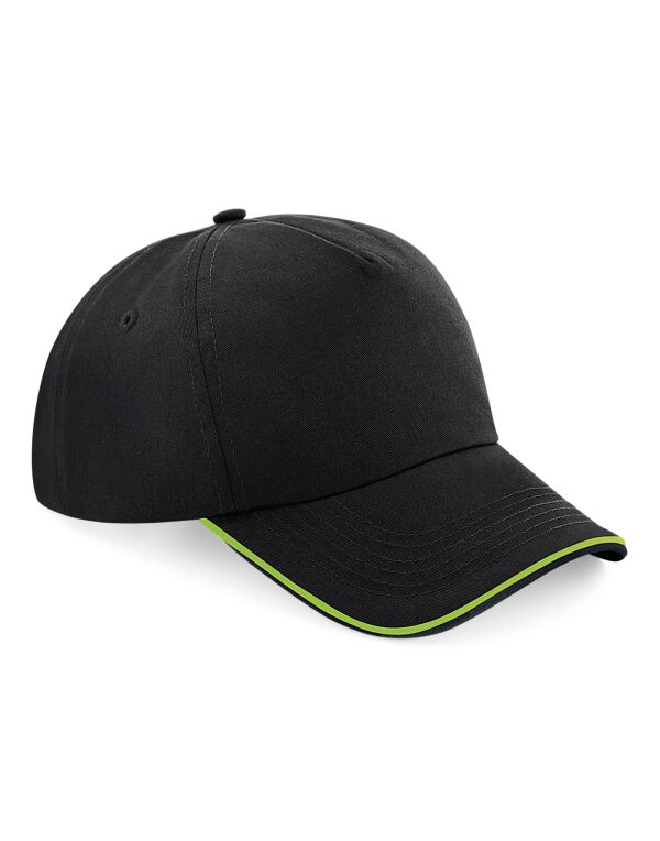 B25C Beechfield Authentic 5 Panel Cap – Piped Peak Black/Lime Green