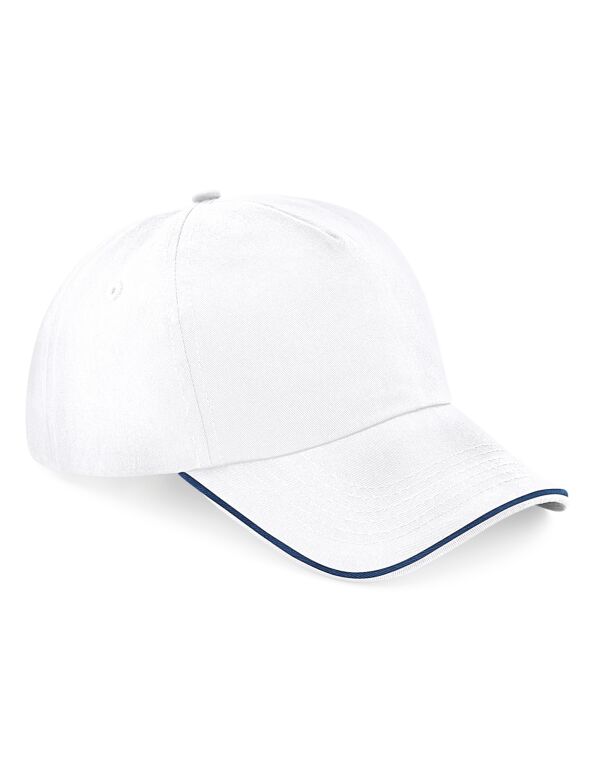 B25C Beechfield Authentic 5 Panel Cap – Piped Peak White/French Navy