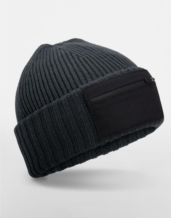 B334R Beechfield Zip Patch Beanie Graphite Grey/Black