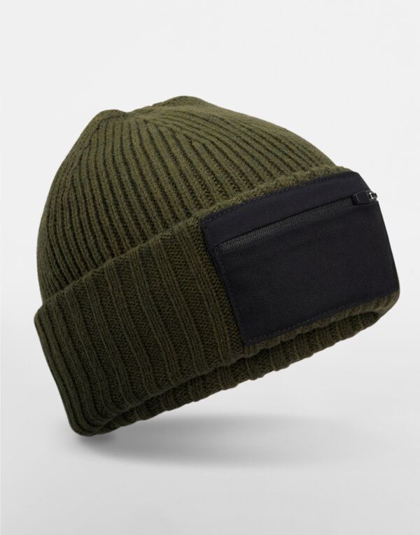 B334R Beechfield Zip Patch Beanie Military Green/ Black